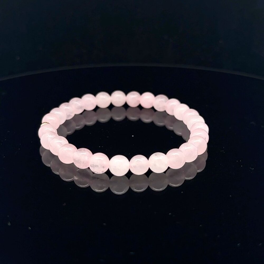 Gemstones Rose Quartz 6mm Stretchable Bracelet 14k Gold Corrugated Bead Charm - Picture 3 of 6